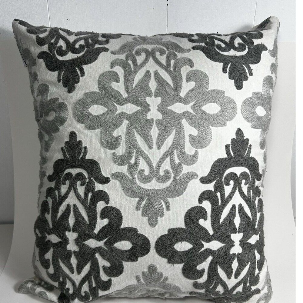 Urban barn Embroidery Pillow Cover 18x18 Grey White Charcoal Boho